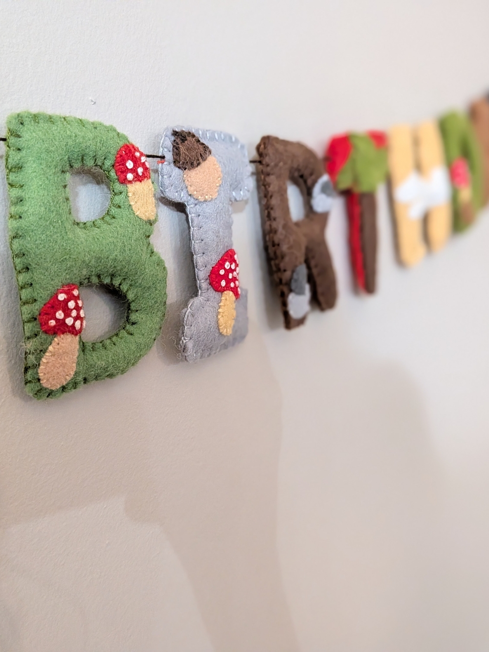 Handmade Felt Woodland Theme Birthday Garland in Green, Gray, Brown